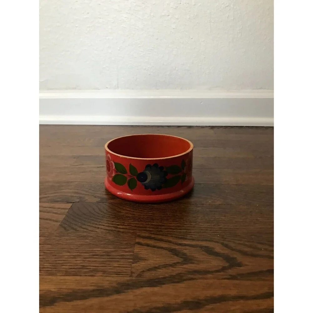 vtg 70s boho wooden jewelry bowl hand painted‎ orange floral home decor gift